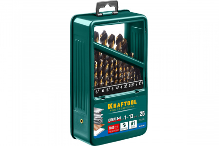 KRAFTOOL COBALT Набор сверл по металлу HSS-Co(8%), 25 шт, 1-13мм, сталь М42(S2-10-1-8)