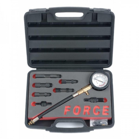 FORCE Компрессометр для бензиновых двигателей с адаптерами 10,12,14,18 мм, 9 пр., в кейсе