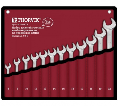 Thorvik Набор ключей гаечных комбинированных серии ARC в сумке, 6-22 мм, 12 предметов EURO