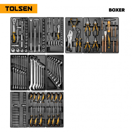 TOLSEN Набор инструментов "BOXER" для тележки, 12 ложементов, 157 предметов 